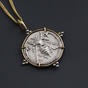 Vintage Honey Bee Necklace, Greek Egyptian Necklace, 92.5 Silver Pendant, Bridesmaid Gift, Replica of Ancient Greek Coin, Statement, Boho