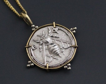 Vintage Honey Bee Necklace, Greek Egyptian Necklace, 92.5 Silver Pendant, Bridesmaid Gift, Replica of Ancient Greek Coin, Statement, Boho