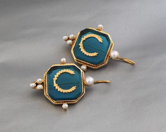 Intaglio Jewelry, Turquoise Blue Earrings, Laurel Design, large gold earrings, blue-gold earrings, vintage styles wedding earrings