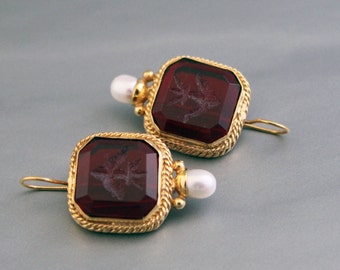 Red Glass Intaglio Earrings, red earings, crystal-earring, handmade wedding earrings, 14k gold earrings for her,