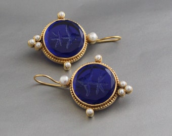 Intaglio Earrings, Indigo Blue Earrings, Dainty Gold Earrings, Antique Victorian Earrings, Wedding Earrings, Bridesmaid gift, Handmade