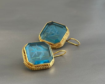 Intaglio Earrings, Blue Earrings, Dainty Gold Earrings, Victorian Vintage Jewelry, 18K Gold Wedding Earring, Art Deco Earring, Gift for Wife