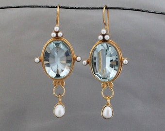Intaglio Earrings, Blue Earring, 18K Gold Plated Earrings, 1920s Victorian Earrings, Antique Earrings, Intaglio Cameos Jewelry, Gift for Mom