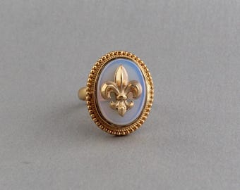 Handmade Opal Glass Intaglio Cocktail Ring, Victorian Gold Vermeil Signet, Gold Plated
