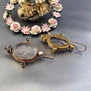 Intaglio Earrings, Clear Crystal Earrings, Ancient Roman Art, Dainty Gold Earrings, Wedding Earrings, Victorian Antique, Gift for Mother
