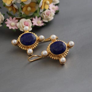 Intaglio Earrings, Lapis Lazuli Earrings, Antique Jewelry, Victorian Earrings, Intaglio Jewelry, Gold Earrings, Gift for Mom, Pearl Earrings