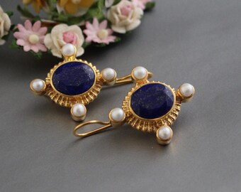 Lapis Lazuli Intaglio Earrings, Gold Victorian Style Pearl Jewelry, Vintage Victorian Intaglio Earrings, Gatsby 1920s Flapper Gift