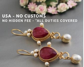 Ruby Earrings, July Birthstone Gift, Edwardian Gold Jewelry, Gift for Her
