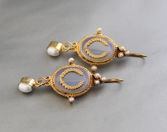 Victorian Intaglio Glass Earrings, Gold Plated Laurel Design Dangle Jewelry, Opal Earrings, Vintage Gold Jewelry