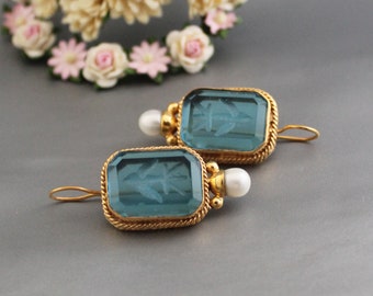 Intaglio Earrings, Blue Earrings, Victorian Jewelry, Ancient Jewelry, Vintage Jewelry, Intaglio Jewelry, Gold Wedding Earrings, Gift for Mom