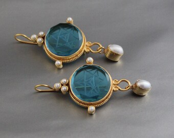 Merkaba Sacred Geometry Earrings – Victorian Blue Glass Dangle with Pearls
