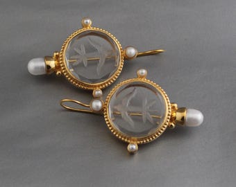 Art Deco Intaglio Earrings, Clear Crystal Victorian Style, dainty 14k gold earrings, crystal stone earrings