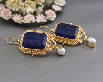 Intaglio Earrings, Indigo Blue Earrings, Vintage jewelry, 18K Gold Earrings, Victorian Jewelry, Handmade Jewelry, Bridesmaid gifts