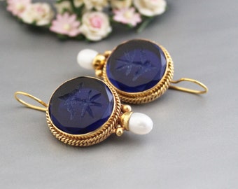 Intaglio Earrings, Blue Earrings, Dainty Gold Earrings, Antique Vintage Earrings, Handmade Jewelry, Art Deco, Gift for Mom, Gift for Wife