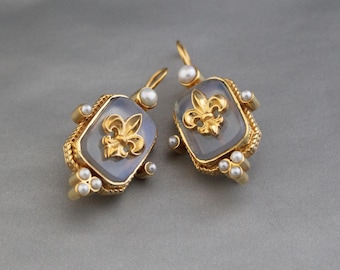 Opal Gold Plated Intaglio Glass Earrings, Victorian Fleur-de-lis,  14K Gold Victorian, Revival Estate Jewelry