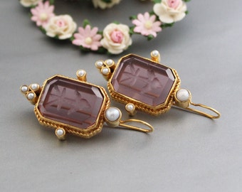 Intaglio Earrings, Purple Stone Earrings, Ancient Antique jewelry, Victorian Earrings, Wedding Earrings, anniversary gifts, birthday jewelry