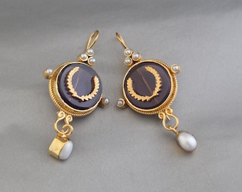 Purple Crystal Intaglio Earrings, vintage inspired earrings, gold earrings for her, handmade earrings gold, wedding bridesmaid earrings