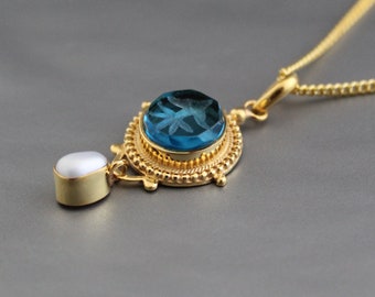 Intaglio Necklace, Blue Stone Necklace, Edwardian Jewelry, Victorian Jewelry, Antique Jewelry, Pearl Drop Necklace, Gold Pendant