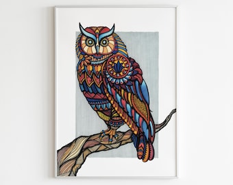 Colourful Owl Print | Animal Wall Art, Boho Decor | Home or Business Wall Artwork | A3 Portrait Design by WildLotus.Art