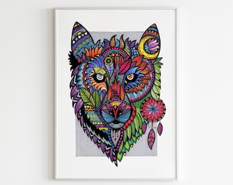 Colourful Wolf Print | Animal Wall Art, Boho Decor | Home or Business Wall Artwork | A3 Portrait Design by Wild Lotus Co