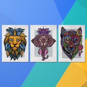 Set of 3 Land Animal Postcards Lion, Elephant & Wolf Colourful A6 Cards Small Art Prints image 1