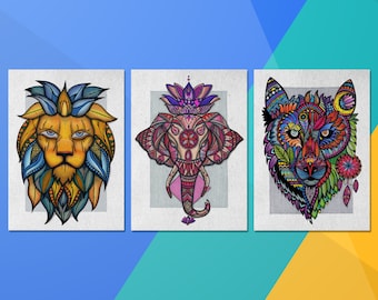 Set of 3 Land Animal Postcards | Lion, Elephant & Wolf Colourful A6 Cards | Small Art Prints
