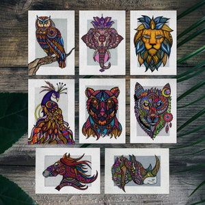 Lot de 8 cartes postales d'animaux | A6 colorées de hibou, lion, éléphant, ours, loup, paon, cheval et rhinocéros | Petits tirages d'art