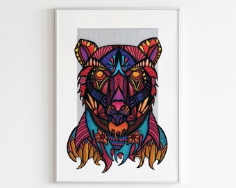 Colourful Bear Print | Animal Wall Art, Boho Decor | Home or Business Wall Artwork | A3 Portrait Design by Wild Lotus Co