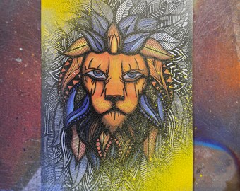 Lion Handmade Embellished Art - Signed A3 wall decor. Unique Print. 1/1