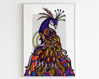 Colourful Peacock Print | Animal Wall Art, Boho Decor | Home or Business Wall Artwork | A3 Portrait Design by WildLotus.Art