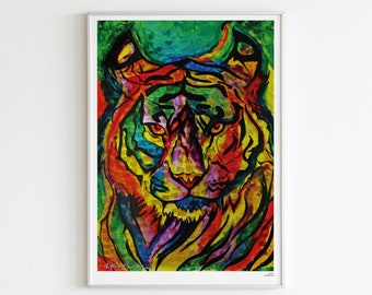 Colourful Tiger Print | Animal Wall Art, Boho Decor | Home or Business Wall Artwork | A3 Portrait Design by Wild Lotus Co