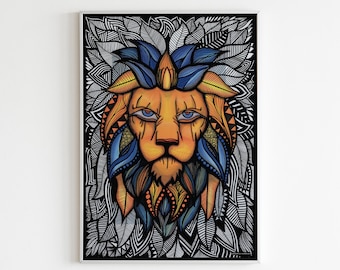 Lion Zentangle Print | Animal Pattern Wall Art, Boho Decor | Home or Business Colourful Artwork | A3 Portrait Design by Wild Lotus Art
