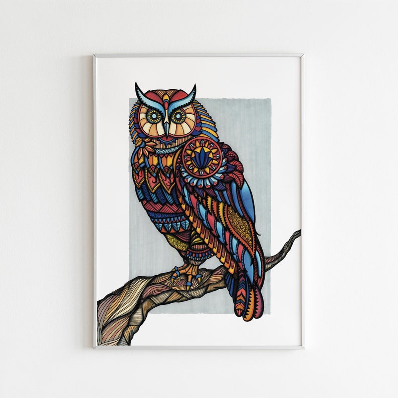 Colourful Owl Print Animal Wall Art, Boho Decor Home or Business Wall Artwork A3 Portrait Design by WildLotus.Art image 1