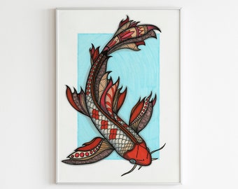 Colourful Koi Fish Print | Animal Wall Art, Boho Decor | Home or Business Wall Artwork | A3 Portrait Design by Wild Lotus Co