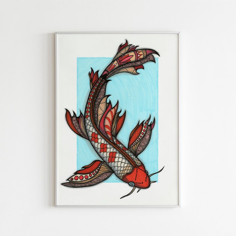 Colourful Koi Fish Print Animal Wall Art, Boho Decor Home or Business Wall Artwork A3 Portrait Design by Wild Lotus Co image 1