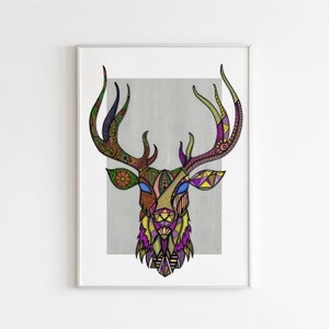 Colourful Stag Print | Deer Animal Wall Art, Boho Decor | Home or Business Wall Artwork | A3 Portrait Design by Wild Lotus Co