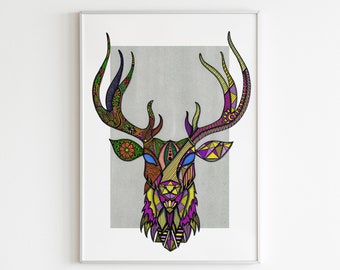 Colourful Stag Print | Deer Animal Wall Art, Boho Decor | Home or Business Wall Artwork | A3 Portrait Design by Wild Lotus Co