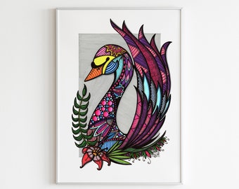Colourful Swan Print | Animal Wall Art, Boho Decor | Home or Business Wall Artwork | A3 Portrait Design by Wild Lotus Co