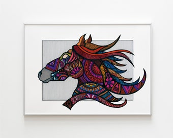 Colourful Horse Print | Animal Wall Art, Boho Decor Portrait | Home or Business Wall Artwork | A3 Design by Wild Lotus Co