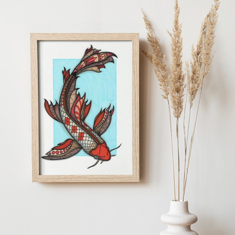 Colourful Koi Fish Print Animal Wall Art, Boho Decor Home or Business Wall Artwork A3 Portrait Design by Wild Lotus Co image 2