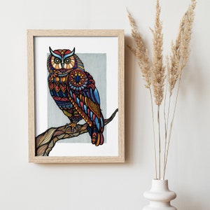Colourful Owl Print Animal Wall Art, Boho Decor Home or Business Wall Artwork A3 Portrait Design by WildLotus.Art image 2