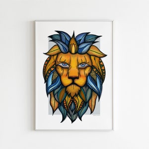 Colourful Lion Print Animal Wall Art, Boho Decor Home or Business Wall Artwork A3 Portrait Design by Wild Lotus Co image 1