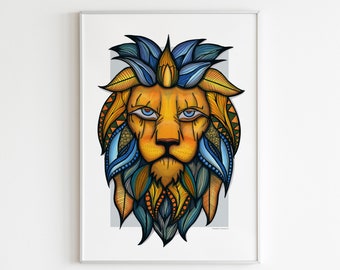 Colourful Lion Print | Animal Wall Art, Boho Decor | Home or Business Wall Artwork | A3 Portrait Design by Wild Lotus Co