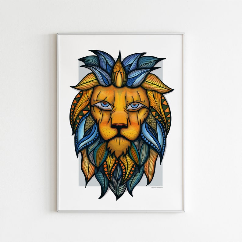 Colourful Lion Print Animal Wall Art, Boho Decor Home or Business Wall Artwork A3 Portrait Design by Wild Lotus Co image 1