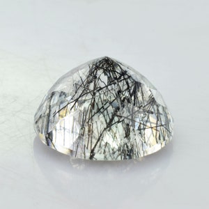 K&ouml;nnte beinhalten: Ein klarer Quarz-Edelstein mit schwarzen Einschl&uuml;ssen, auch bekannt als schwarzer Turmalin, in runder Cabochon-Schliff.