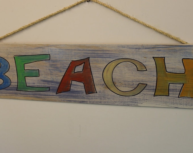 Beach - cypress wood sign with rope hanger