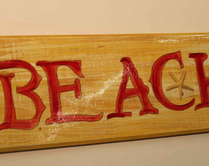 BEACH - handpainted sign on cypress wood with starfish