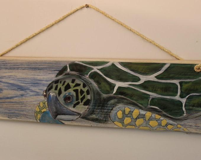 Sea Turtle - Handpainted "sea turtle" on distressed look cypress plank with sisal rope hanger.