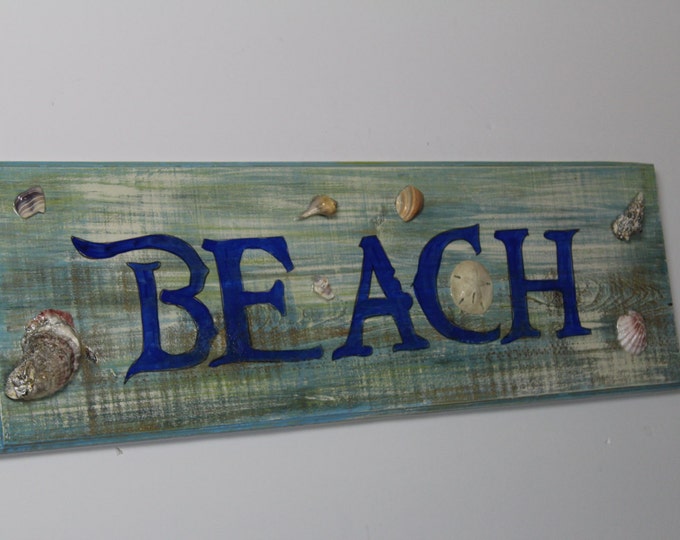 BEACH - handpainted beach house sign with real seashells and sand dollar on cypress wood with high gloss finish.