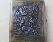 Russian Antique silver plated brass cigarette case Hunter and two dogs.